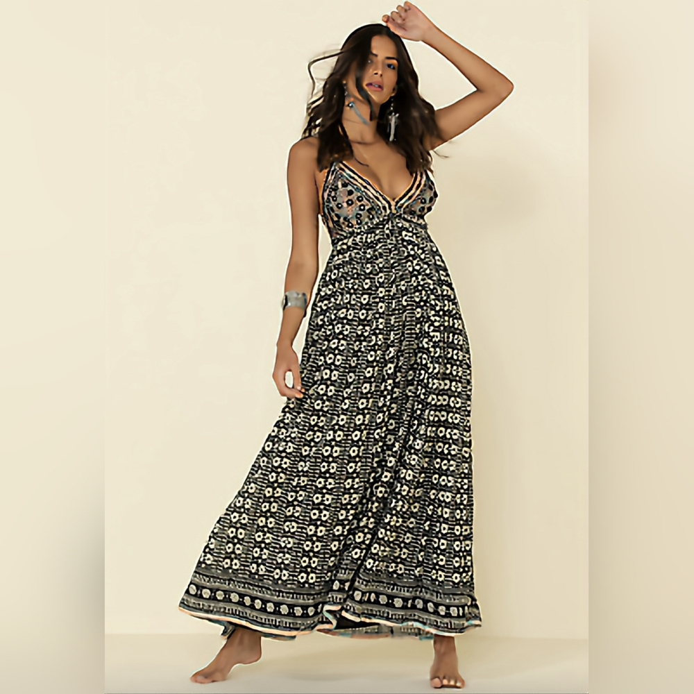 Free People Good Vibes Embroidered Cotton Long Maxi DRESS One Size - Picture 1 of 14
